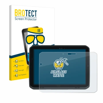 Front side of a product packaging with the brand logo BROTECT. Next to it is the device Zebra ET80 shown with the correspondin