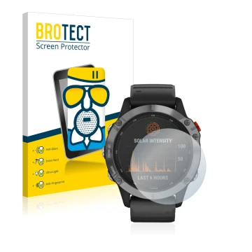Front side of a product packaging with the brand logo BROTECT. Next to it is the device Garmin Fenix 6 Solar shown with the co
