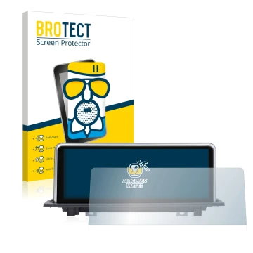 Front side of a product packaging with the brand logo BROTECT. Next to it is the device Dynavin BMW X1 F48, F49 (+2015) NBT sh
