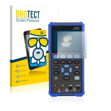 Front side of a product packaging with the brand logo BROTECT. Next to it is the device Owon HDS 200 Series shown with the cor
