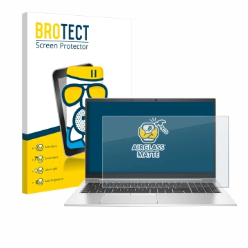 Front side of a product packaging with the brand logo BROTECT. Next to it is the device HP EliteBook 850 G7 shown with the cor