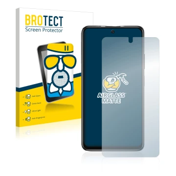 Front side of a product packaging with the brand logo BROTECT. Next to it is the device Xiaomi Poco M4 Pro 5G shown with the c