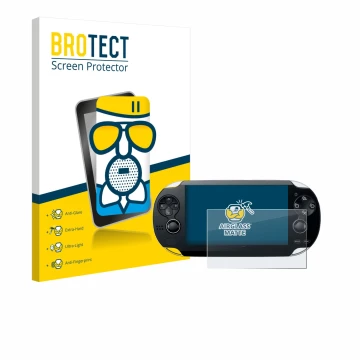 Front side of a product packaging with the brand logo BROTECT. Next to it is the device Sony Playstation PS Vita shown with th