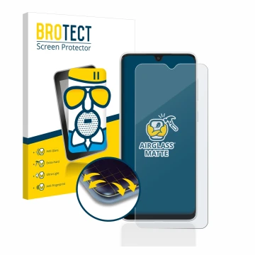 Front side of a product packaging with the brand logo BROTECT. Next to it is the device Samsung Galaxy A03 shown with the corr