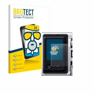 Front side of a product packaging with the brand logo BROTECT. Next to it is the device Fujifilm Instax Mini Evo shown with th