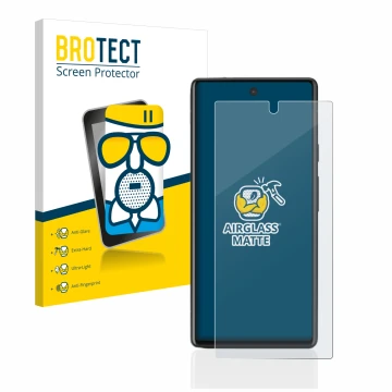 Front side of a product packaging with the brand logo BROTECT. Next to it is the device Google Pixel 6a shown with the corresp