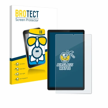 Front side of a product packaging with the brand logo BROTECT. Next to it is the device Lenovo Tab TB-X306F shown with the cor