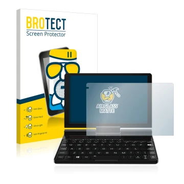 Front side of a product packaging with the brand logo BROTECT. Next to it is the device GPD Pocket 3 shown with the correspond