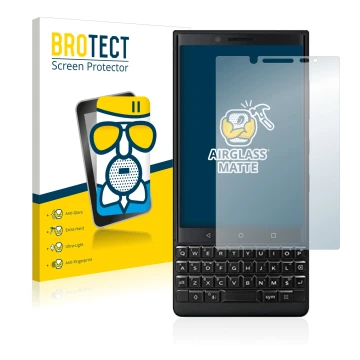 Front side of a product packaging with the brand logo BROTECT. Next to it is the device BlackBerry Key2 (Dual Sim) shown with 