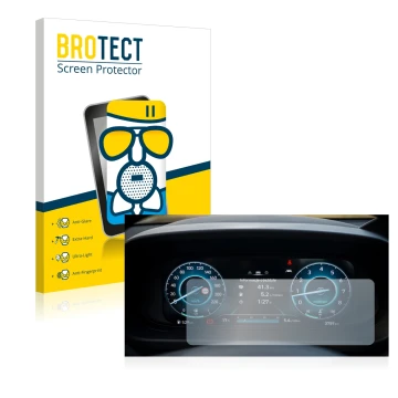 Front side of a product packaging with the brand logo BROTECT. Next to it is the device Hyundai i20 BC3 2021 Cockpit shown wit