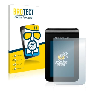 Front side of a product packaging with the brand logo BROTECT. Next to it is the device REINER SCT tanJack deluxe shown with t