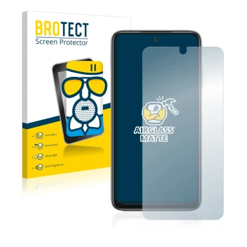 Front side of a product packaging with the brand logo BROTECT. Next to it is the device Xiaomi Redmi Note 11 4G shown with the
