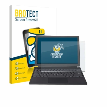 Front side of a product packaging with the brand logo BROTECT. Next to it is the device Wortmann Terra Pad 1262 shown with the