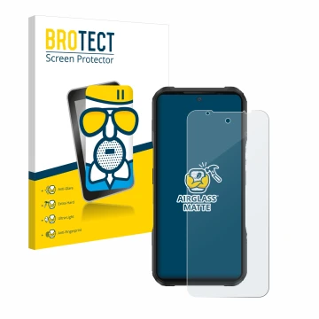 Front side of a product packaging with the brand logo BROTECT. Next to it is the device Doogee V20 shown with the correspondin