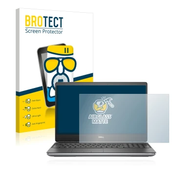 Front side of a product packaging with the brand logo BROTECT. Next to it is the device Dell Precision 7560 shown with the cor