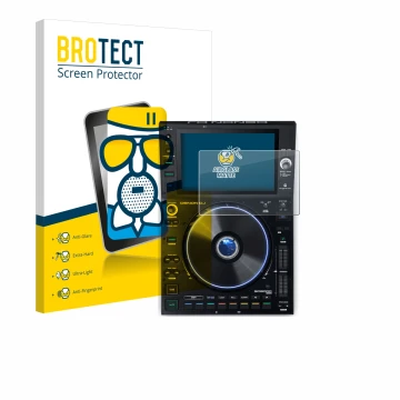 Front side of a product packaging with the brand logo BROTECT. Next to it is the device Denon DJ SC6000 Prime shown with the c