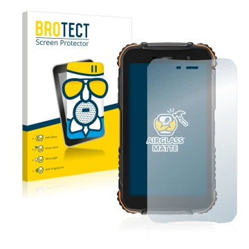 Front side of a product packaging with the brand logo BROTECT. Next to it is the device Doogee S35T shown with the correspondi
