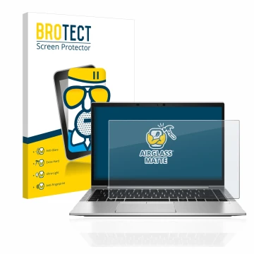 Front side of a product packaging with the brand logo BROTECT. Next to it is the device HP EliteBook 840 G8 shown with the cor