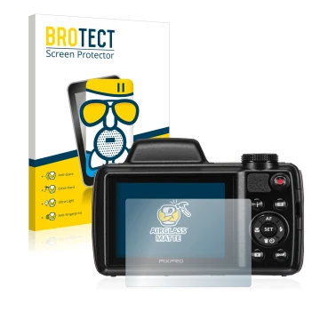 Front side of a product packaging with the brand logo BROTECT. Next to it is the device Kodak Pixpro AZ525 shown with the corr