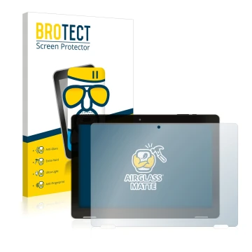 Front side of a product packaging with the brand logo BROTECT. Next to it is the device Hannspree Pad Apollo 2 shown with the 