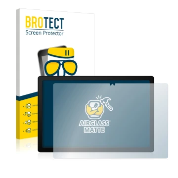 Front side of a product packaging with the brand logo BROTECT. Next to it is the device Samsung Galaxy Tab A8 LTE shown with t