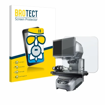 Front side of a product packaging with the brand logo BROTECT. Next to it is the device Keyence IM-7020 Glass plate shown with