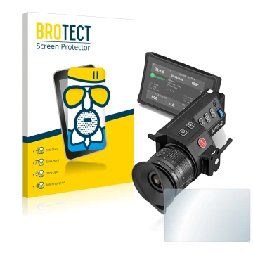 Front side of a product packaging with the brand logo BROTECT. Next to it is the device Arri MVF-2 shown with the correspondin
