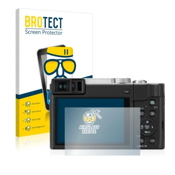 Front side of a product packaging with the brand logo BROTECT. Next to it is the device Panasonic Lumix DC-TZ95 shown with the
