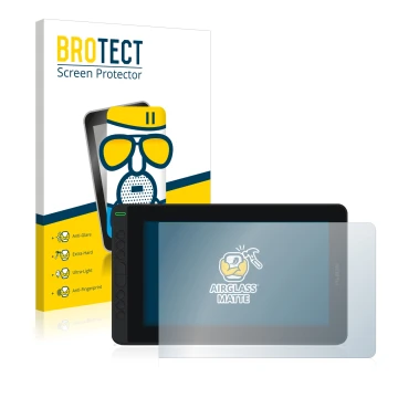 Front side of a product packaging with the brand logo BROTECT. Next to it is the device Huion Kamvas 12 shown with the corresp