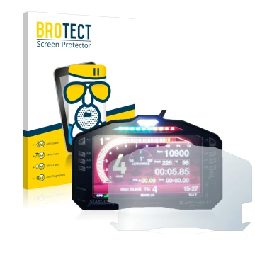 Front side of a product packaging with the brand logo BROTECT. Next to it is the device Starlane DaVinci-II S shown with the c