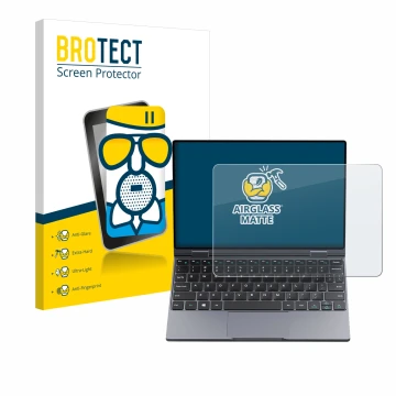 Front side of a product packaging with the brand logo BROTECT. Next to it is the device Chuwi MiniBook X shown with the corres