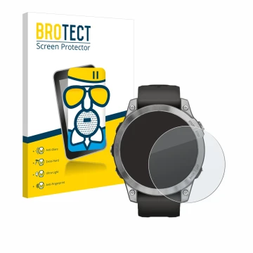 Front side of a product packaging with the brand logo BROTECT. Next to it is the device Garmin Fenix 7 (47 mm) shown with the 