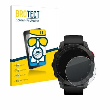 Front side of a product packaging with the brand logo BROTECT. Next to it is the device Garmin epix (Gen. 2) shown with the co