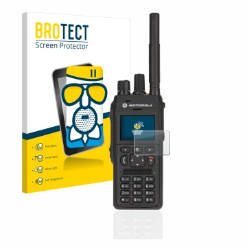 Front side of a product packaging with the brand logo BROTECT. Next to it is the device Motorola MTP3550 shown with the corres
