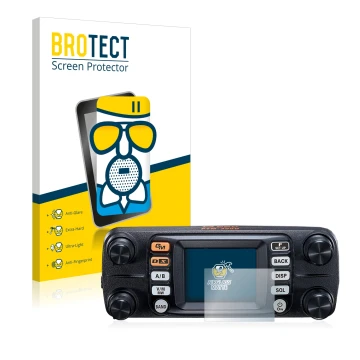 Front side of a product packaging with the brand logo BROTECT. Next to it is the device Yaesu FTM-300DE shown with the corresp