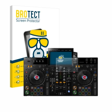 Front side of a product packaging with the brand logo BROTECT. Next to it is the device Pioneer XDJ-RX3 shown with the corresp