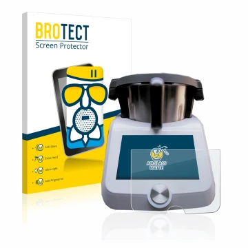 Front side of a product packaging with the brand logo BROTECT. Next to it is the device SilverCrest Monsieur Cuisine Smart sho