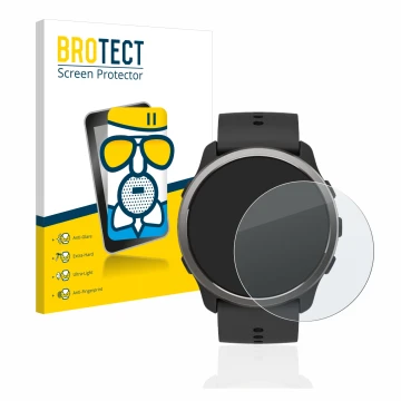 Front side of a product packaging with the brand logo BROTECT. Next to it is the device Suunto 5 Peak shown with the correspon