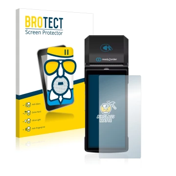Front side of a product packaging with the brand logo BROTECT. Next to it is the device Ready2order ReadyGo shown with the cor