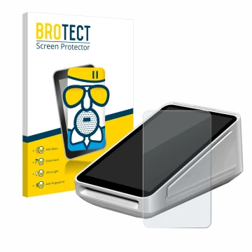 Front side of a product packaging with the brand logo BROTECT. Next to it is the device Square Terminal shown with the corresp