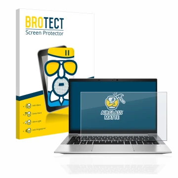 Front side of a product packaging with the brand logo BROTECT. Next to it is the device HP EliteBook 830 G8 shown with the cor