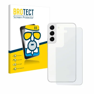 Front side of a product packaging with the brand logo BROTECT. Next to it is the device Samsung Galaxy S22 5G (Back) shown wit