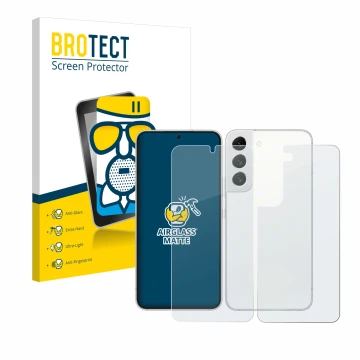 Front side of a product packaging with the brand logo BROTECT. Next to it is the device Samsung Galaxy S22 5G (Front+Back) sho