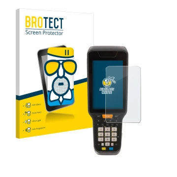 Front side of a product packaging with the brand logo BROTECT. Next to it is the device Datalogic Skorpio X5 shown with the co