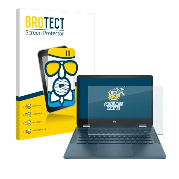 Front side of a product packaging with the brand logo BROTECT. Next to it is the device HP Chromebook x360 (14b-cbX) shown wit