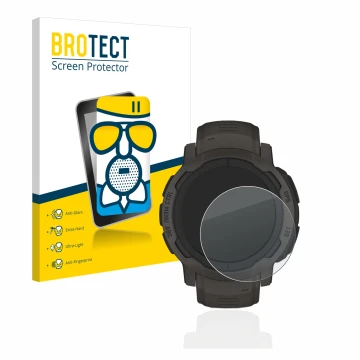 Front side of a product packaging with the brand logo BROTECT. Next to it is the device Garmin Instinct 2 shown with the corre