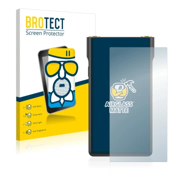 Front side of a product packaging with the brand logo BROTECT. Next to it is the device Sony Walkman NW-WM1AM2 shown with the 