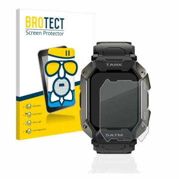 Front side of a product packaging with the brand logo BROTECT. Next to it is the device Kospet Tank M1 shown with the correspo
