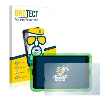 Front side of a product packaging with the brand logo BROTECT. Next to it is the device MEDION Lifetab E10440 Kids shown with 