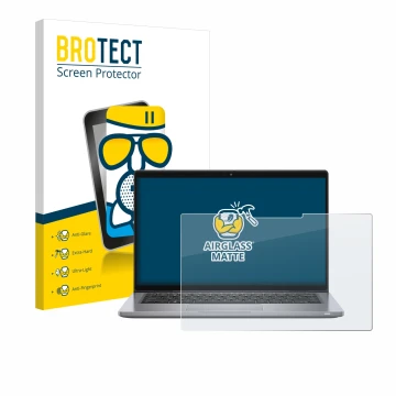 Front side of a product packaging with the brand logo BROTECT. Next to it is the device Dell Latitude 7320 2-in-1 shown with t